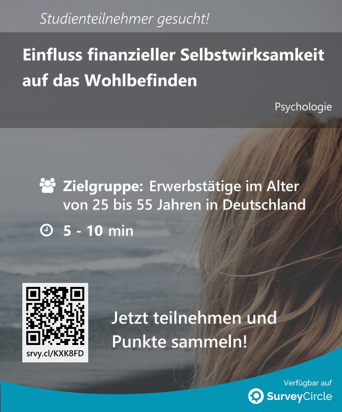 SurveyCircle's tweet photo. Teilnehmer gesucht für top-platzierte Online-Studie:

"Einfluss finanzieller Selbstwirksamkeit auf das Wohlbefinden" via @SurveyCircle #diploma_de

#finanzen #finanzpsychologie #verhalten #selbstwirksamkeit #wohlbefinden https://t.co/o7fDuAEceo