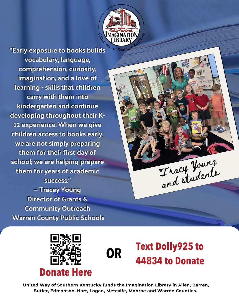 UnitedWaySOKY's tweet photo. This 9/25 Day, help keep books arriving in the hands of Southern Kentucky’s youngest readers. 📖
Early access to books builds skills that can support children throughout school and beyond.

📲 Text Dolly925 to 44834, scan the QR code or visit https://t.co/gHBFd7Zt4V  to donate. https://t.co/eUhBckeyHJ