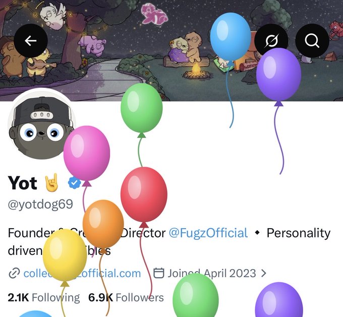 A social media profile for 'Yot' (@yotdog69) with the bio 'Founder & Creative Director @FugzOfficial • Personality driven aesthetics', overlaid with colorful balloons and cartoon characters.