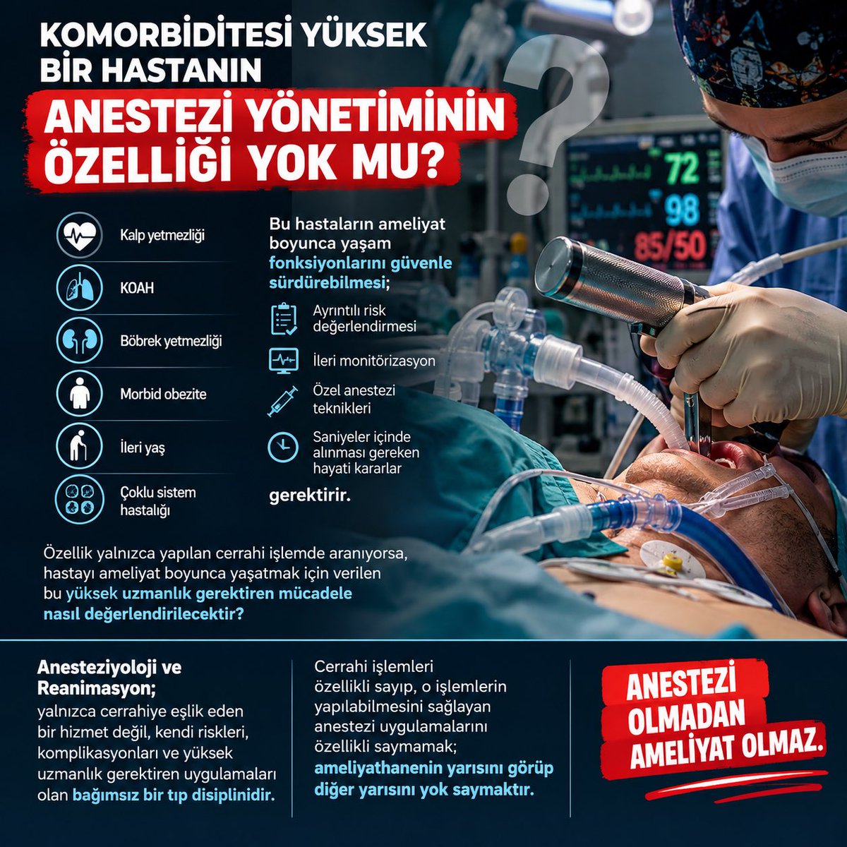 haticecerci's tweet photo. Komorbiditesi yüksek, kalp yetmezliği olan, KOAH’lı, böbrek yetmezliği bulunan, morbid obez, ileri yaşta veya çoklu sistem hastalığı taşıyan bir hastanın anestezi yönetiminin özelliği yok mu?

Bu hastaların ameliyat boyunca yaşam fonksiyonlarını güvenle sürdürebilmesi; ayrıntılı risk değerlendirmesi, ileri monitörizasyon, özel anestezi teknikleri ve anlık hayati kararlar gerektirir.

Özellik yalnızca yapılan cerrahi işlemde aranıyorsa, hastayı ameliyat boyunca hayatta tutmak için verilen yüksek uzmanlık gerektiren mücadele nasıl değerlendirilecektir?

Anesteziyoloji ve Reanimasyon; yalnızca cerrahiye eşlik eden bir hizmet değil, kendi riskleri, komplikasyonları ve yüksek uzmanlık gerektiren uygulamaları olan bağımsız bir tıp disiplinidir.

Cerrahi işlemleri özellikli sayıp, o işlemlerin yapılabilmesini sağlayan anestezi uygulamalarını özellikli saymamak; ameliyathanenin yarısını görüp diğer yarısını yok saymaktır.
@drmemisoglu 
@saglikbakanligi