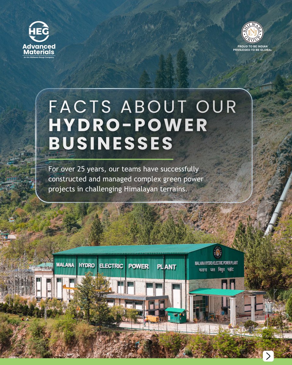 HEGAMofficial's tweet photo. Built in challenging terrain, our two run-of-river hydro plants in - MPCL (86 MW) &amp; ADHPL (192 MW) - have delivered clean power for years.

Today, these established businesses form an important part of HEG Advanced Materials.

#Hydropower #ProgressIsMaterial https://t.co/hM5dCQcyec