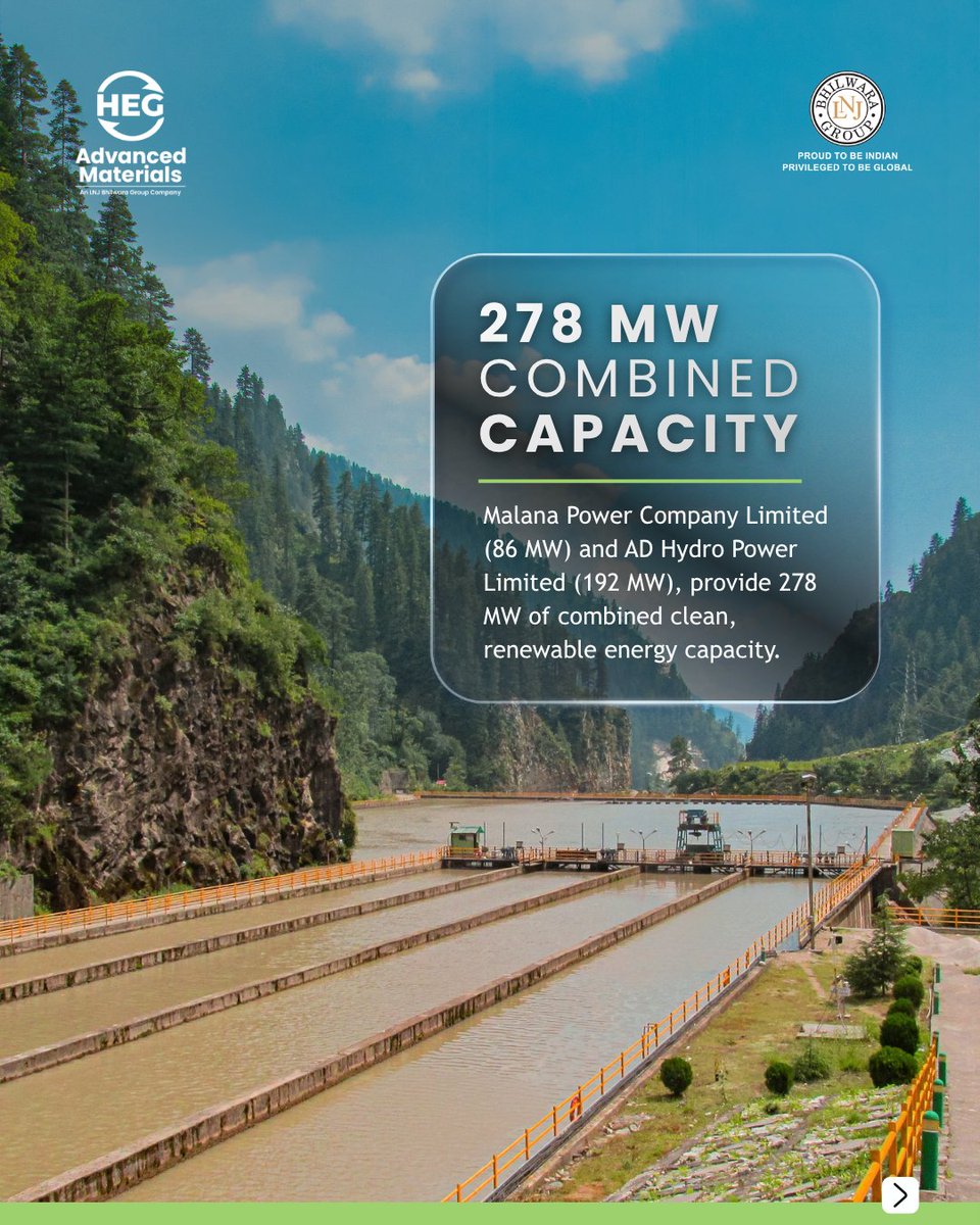 HEGAMofficial's tweet photo. Built in challenging terrain, our two run-of-river hydro plants in - MPCL (86 MW) &amp; ADHPL (192 MW) - have delivered clean power for years.

Today, these established businesses form an important part of HEG Advanced Materials.

#Hydropower #ProgressIsMaterial https://t.co/hM5dCQcyec