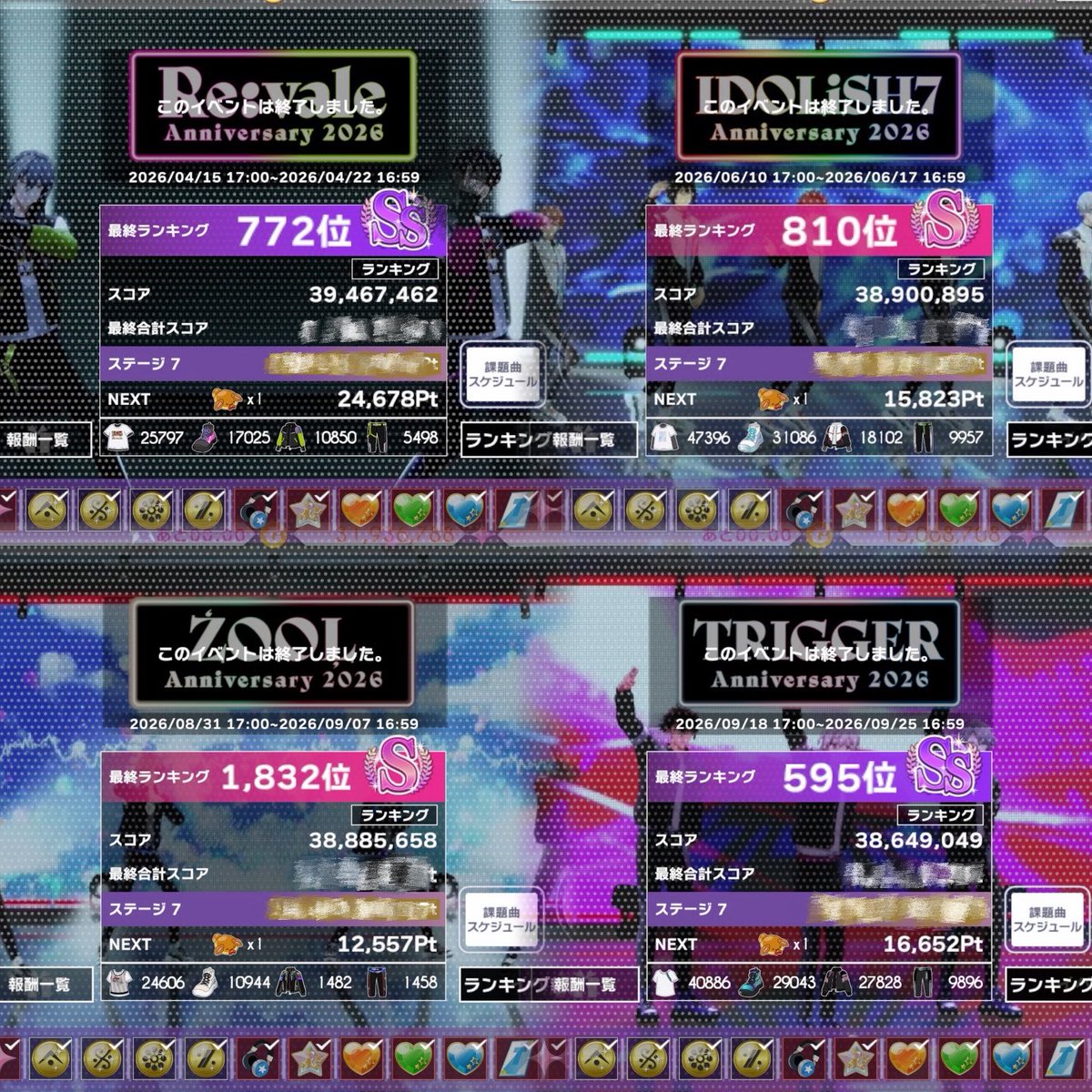 racrh6m's tweet photo. Re:vale、IDOLiSH7、ŹOOĻ 、TRIGGER、
全部のスコアタ無事に去年よりも高い順位で終われました～😭
来年は全グループじゃなくて一旦アイナナ集中します😢 スキプリ貯めるぞ～‼️‼️ https://t.co/5KN8jrxcdM