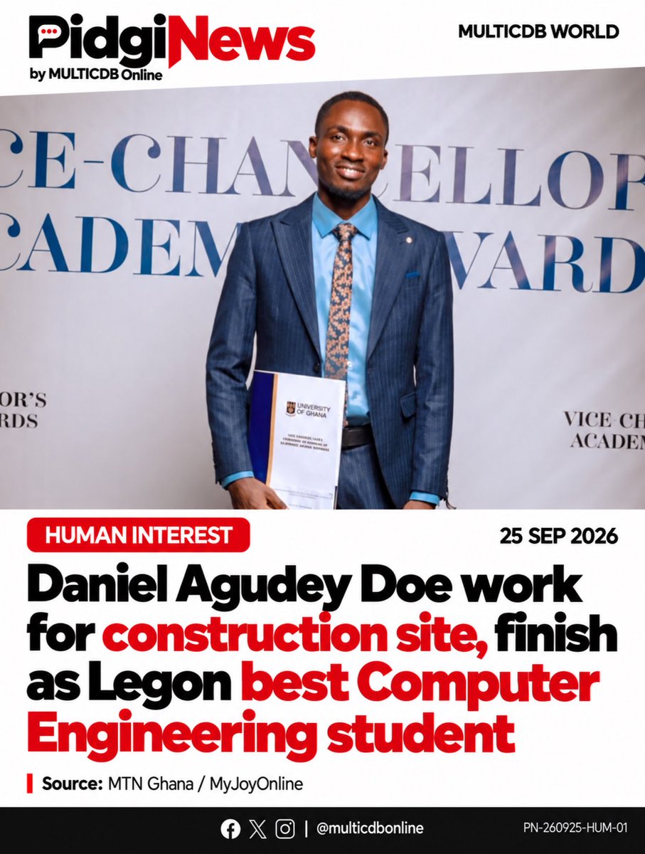 multicdbonline's tweet photo. Daniel Agudey Doe work for construction site and sometimes skip meals to survive university. After MTN Bright Scholarship support, he finish as Legon best graduating Computer Engineering student. Proper inspiration!

#PidgiNews #MULTICDBOnline #MulticdbWorld #HumanInterest https://t.co/J8SmgzIYEb