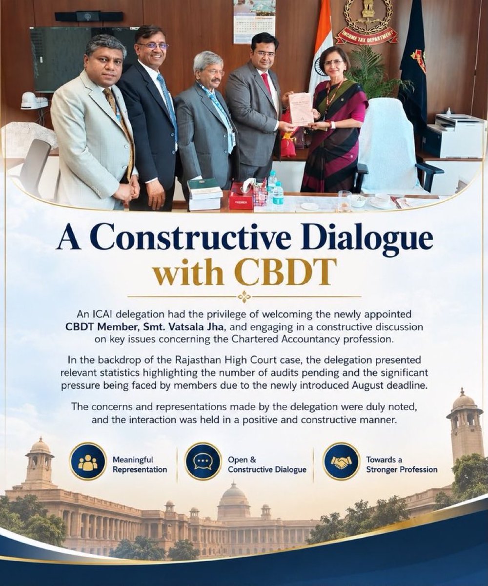 shrinisk's tweet photo. Nice to note that the ICAI delegation while welcoming the newly appointed CBDT Member also engaged in a constructive discussion, highlighting no of audits pending &amp; significant pressure being faced by members in completing the audits.
*Extend to 31.10.2026*
#ExtendTaxAuditDueDate https://t.co/yn7wevCXKt
