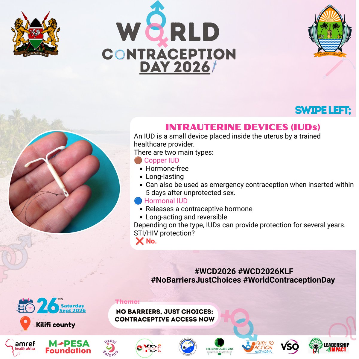 MghendiP's tweet photo. Small device, big protection! IUDs offer long-term pregnancy prevention without a daily routine. Curious? Ask a provider and know your options.
@DOHKilifi @Amref_Kenya @Youth_Dare @kilifi_youth @MadvocateCbo
#WCD2026 #WCD2026KLF #NoBarriersJustChoices #ContraceptiveAccessNow https://t.co/D0flzsshpy