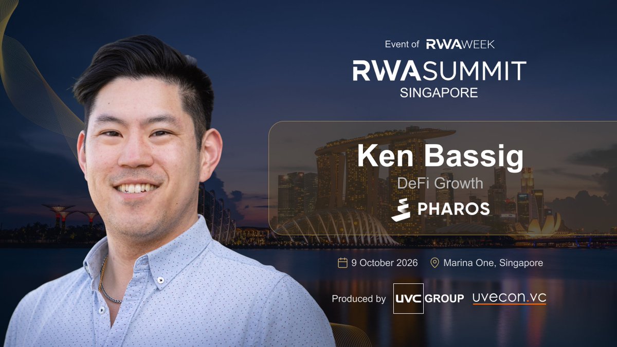 rwasummitglobal's tweet photo. Ken Bassig, DeFi Growth at Pharos,  joins @rwasummitglobal  SINGAPORE 🇸🇬

Ken leads DeFi Growth at @pharos_network , an ultra-high performance Layer 1 blockchain optimized for real-world asset (RWA) tokenization and payment applications.   

He focuses on scaling Pharos' ecosystem through strategic partnerships, developer integration, and liquidity expansion for decentralized finance protocols.With deep experience across Web3 business development and ecosystem strategy, Ken plays a key role in connecting decentralized financial products with real-world yield opportunities.

He will speak about scaling Layer 1 infrastructure for RWAs, expanding decentralized finance liquidity, and driving ecosystem growth for on-chain assets.

• When: 9 October 2026 | 09:00 - 18:00 SGT 
• Where: Marina One, 5 Straits View (5-min walk from Marina Bay Sands)  

👉 Register now to hear insights from our speakers: https://t.co/lof4x0hFjS 

✍️ @rwasummitglobal Strategic Partners: @LynxcapDeFi | @dydxfoundation | @investax | @IxsFinance | @TheoriqAI | https://t.co/mnDbgbwEND 

 🤝 @tokenisedglobal VIP Summit Co-host: @TRMLabs 

🙌  THE DEALFLOW Co-host: https://t.co/qCBFDaWjI9 

 •  Powered By: @UveconVC | @rwaweek series production  •