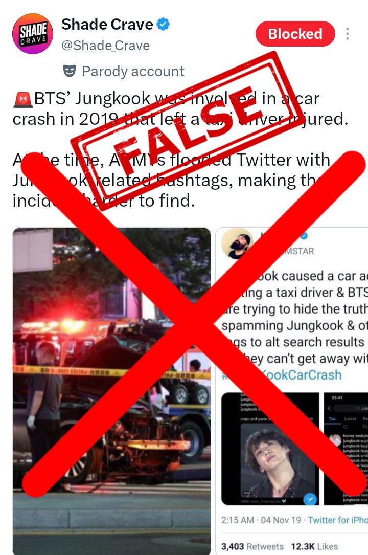 HavenCrave's tweet photo. Addressing the fabricated/unrelated image being circulated in connection with Jungkook’s 2019 minor accident - a thread

The misleading image circulating is from 'July 2024' Seoul City Hall crash which caused 9 death and several injuries.The driver was confirmed to be 68 yo man
+ https://t.co/omVm7rYyuz