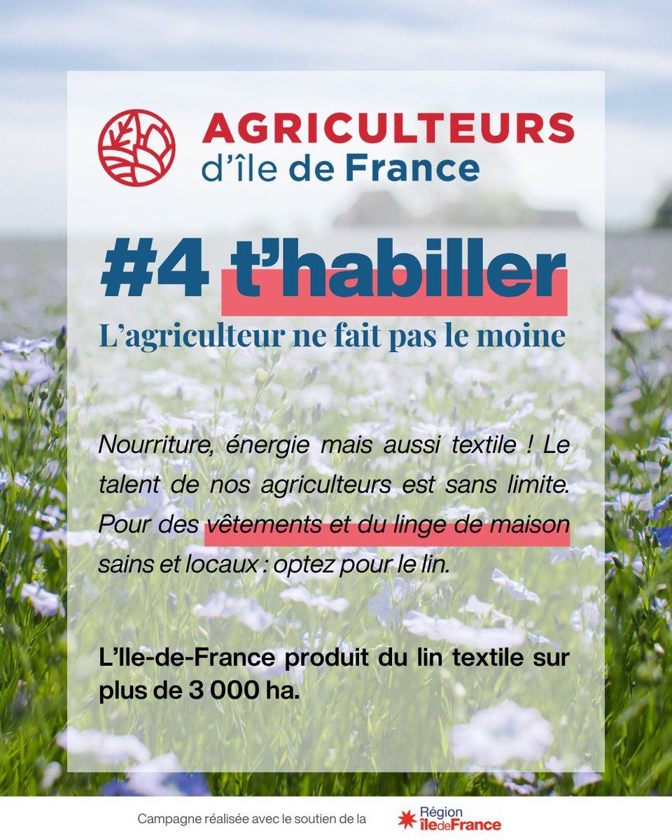 AgriculteursIDF's tweet photo. On a toujours besoin d’un agriculteur pour s’habiller ! 🌾👕

En Île-de-France, le lin textile est cultivé sur plus de 3 000 hectares. Une production locale qui permet de fabriquer des vêtements et du linge de maison plus durables.

Choisir le lin, c’est aussi valoriser le savoir-faire de nos agriculteurs ! 💙

📅 Un nouveau visuel tous les deux jours : abonnez-vous pour ne rien manquer !

@iledefrance @produitenIDF @CAIDF @Horizons_agri