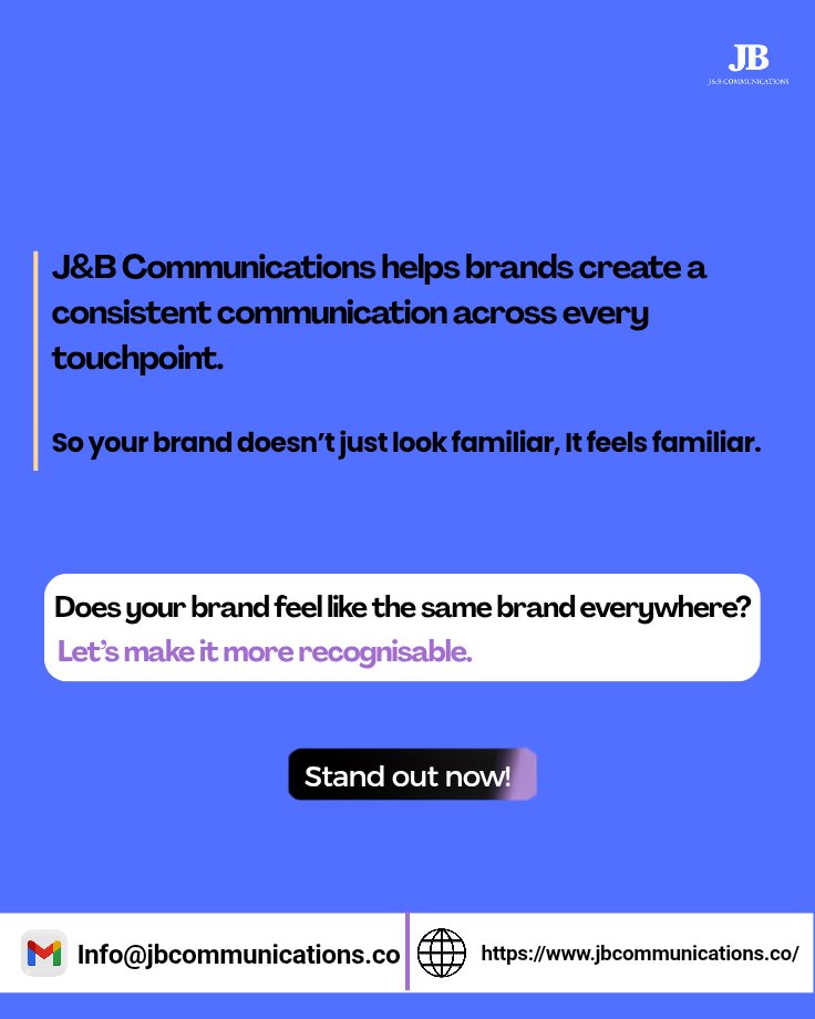 Jbcommshq's tweet photo. A strong visual identity creates familiarity. Consistent communication gives that familiarity meaning.

At J&amp;B Communications, we help brands build that clarity across the way they communicate and show up.

Send us a DM to start a conversation. https://t.co/YZ5HVsFWKi