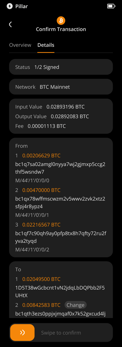 KeystoneForBTC's tweet photo. 3/
When you sign a multi-sig transaction on Keystone, you see everything:

✅ Signing status
✅ Amount and fees
✅ From and To addresses
✅ Full xPub details

Small-screen wallets cut corners. We don't. https://t.co/4pk2AeJclh