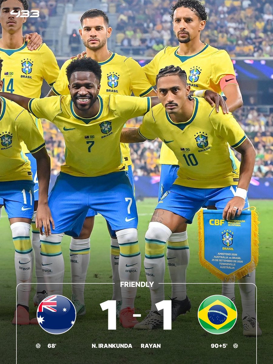 433's tweet photo. 🇦🇺 𝐀𝐔𝐒𝐓𝐑𝐀𝐋𝐈𝐀 𝟏-𝟏 𝐁𝐑𝐀𝐙𝐈𝐋 🇧🇷 😳

20-year-old Nestory Irankunda scores a 𝗦𝗧𝗨𝗡𝗡𝗜𝗡𝗚 𝗙𝗥𝗘𝗘-𝗞𝗜𝗖𝗞 for his country to put Australia in front against Brazil 🇦🇺🔥

Raphinha assists Bournemouth forward Rayan to secure a very late draw for Brazil 👏 https://t.co/eP8x9lChhc