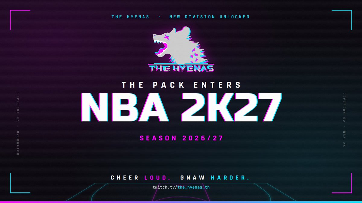 TheHyenasNBA2K's tweet photo. New division unlocked 🏀

The Hyenas enter NBA 2K27 for the 2026/27 season. 

Same pack, new court. Roster, schedule and streams drop here: turn on notifications. 

Cheer loud. Gnaw harder.
📺 https://t.co/f8JXbqHM26

#NBA2K27 #NBA2K #esports #TheHyenas https://t.co/gPwlFNDDXm