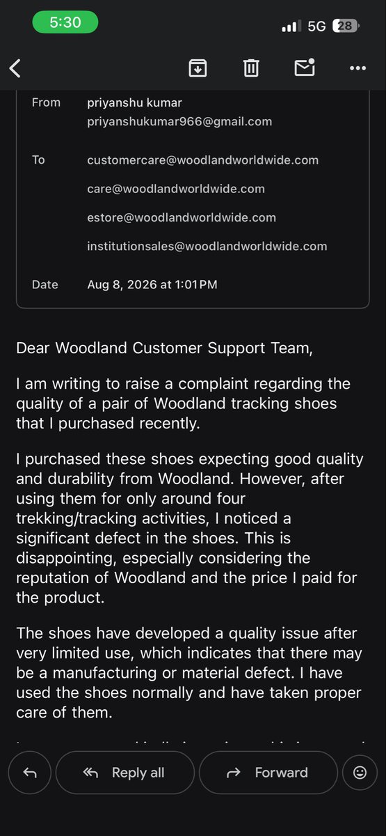 sp20131's tweet photo. @WoodlandWorld @WoodlandCEO @WoodlandIndia  It has now been almost 2 months, despite repeated follow-ups and emails to customer care.

#Woodland #CustomerService #WoodlandShoes #ConsumerComplaint https://t.co/2q1ICgYHrU