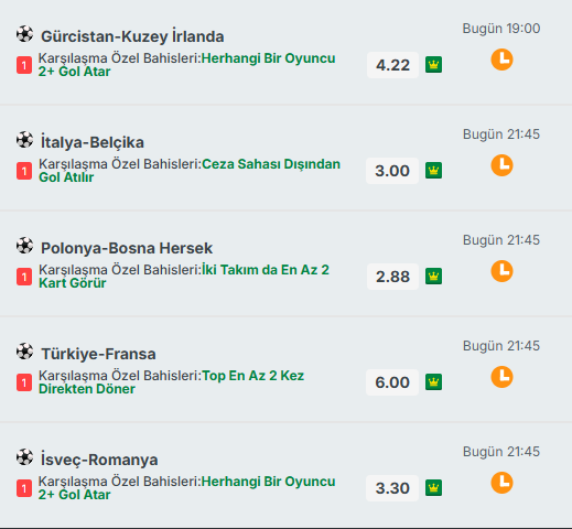 murtiddaa's tweet photo. Günün Özel bahislerinden çıkardığım sürprizler seç beğen kombine yap .

🆚Gürcistan-Kuzey İrlanda
Herhangi Bir Oyuncu 2+ Gol Atar 4.22

🆚İtalya - Belçika
Ceza Sahası Dışından Gol Atılır 3.00

🆚Polonya - Bosna Hersek
İki Takım da En Az 2 Kart Görür 2.88

🆚Türkiye - Fransa
Top En Az 2 Kez Direkten Döner 6.00

🆚İsveç - Romanya
Herhangi Bir Oyuncu 2+ Gol Atar 3.30

Hepsinin içinde bulunduğu kupon
https://t.co/uxFwuTRMv6