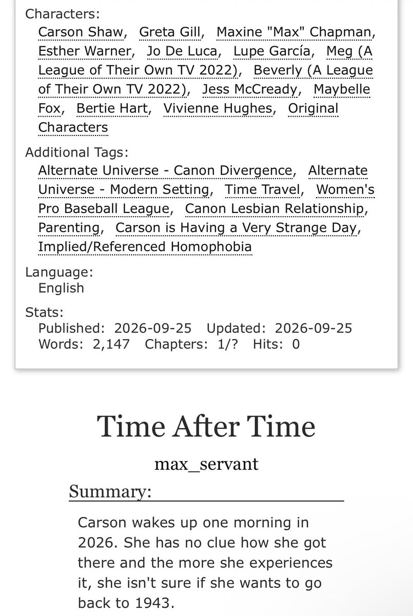 maxs_servant's tweet photo. New chapter fic! “Time After Time” is up on #Ao3. WPBL fans and baseball girls/gays/theys, this one is for you.
Please leave comments/kudos/feedback. Enjoy!
https://t.co/CnlmUp6JzI
#ALeagueOfTheirOwn #ALOTO #SaveALOTO #Gretson #WPBL #AAGPBL #fanfic #fanfiction #fic #ForZu https://t.co/ZnJEpynB43