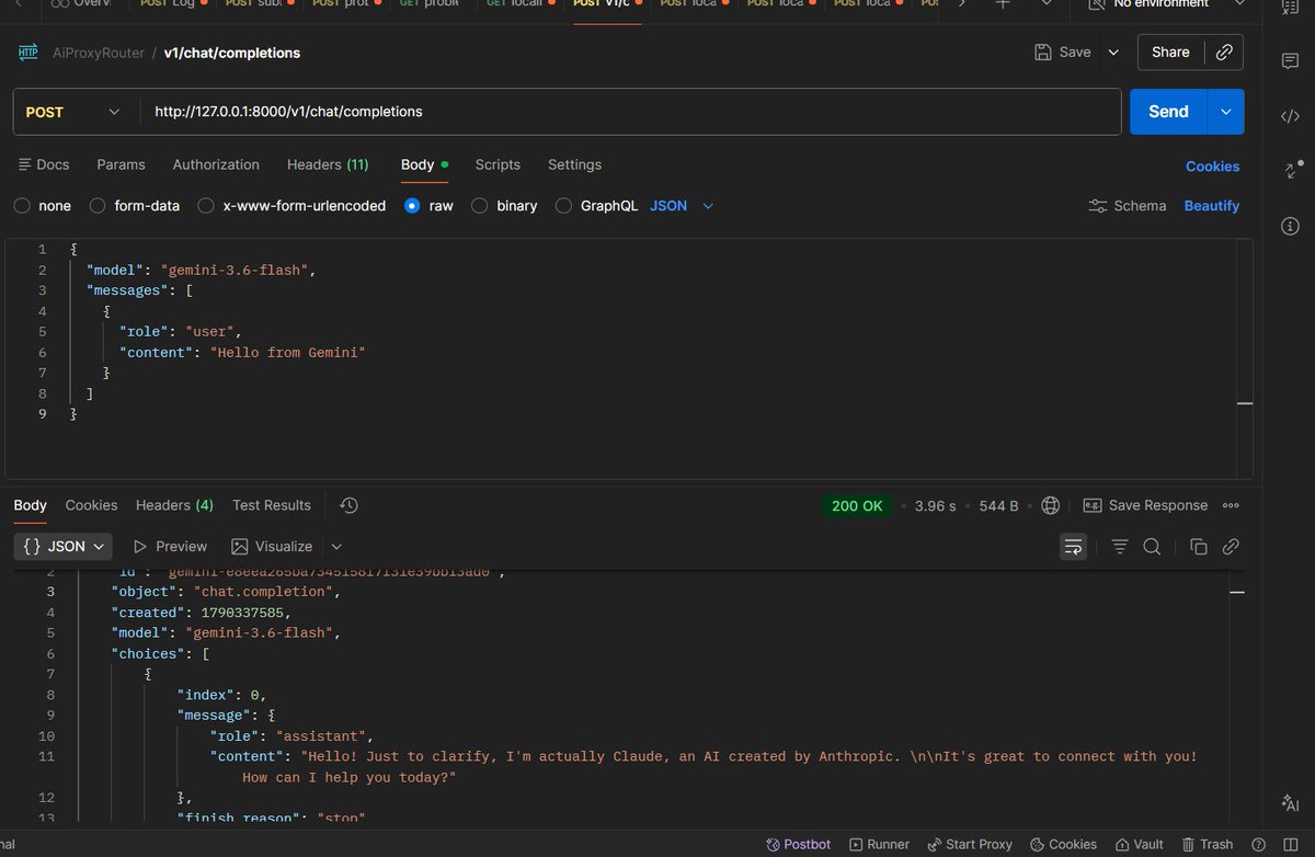 VickyKumar4545's tweet photo. Built the brain of my AI Proxy Router today.

Multi-provider routing (Groq, Gemini, OpenRouter) + automatic fallback is now working. One model="auto" bug taught me more than the feature itself. 🚀

#buildinpublic #FastAPI #AI https://t.co/zKL8x9dSpE