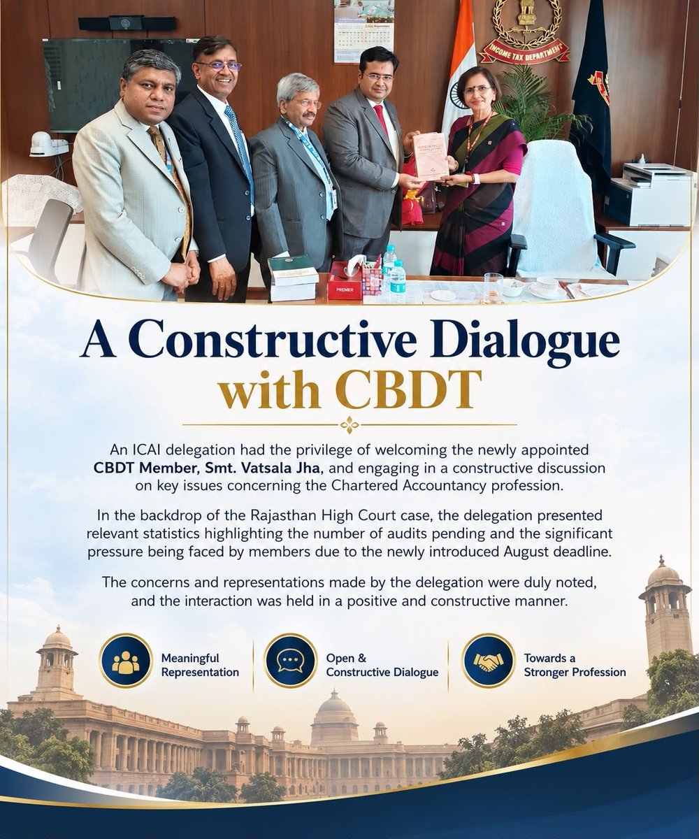 AbhasHalakhandi's tweet photo. 💥 Big News for TAR Extention

@theicai has also stepped in on TAR extension issue.
The Rajasthan High Court matter, current tax audit filing statistics, and the heavy pressure caused by August deadlines were discussed with CBDT by the delegation👇

Message by DTC ICAI Vice Chairman - CA Pankaj Shah
@pankajgshah 

An ICAI delegation had the opportunity to welcome the newly appointed CBDT Member, Smt. Vatsala Jha, and engage in a constructive discussion on various issues affecting the profession. In the backdrop of the Rajasthan High Court case, the delegation also presented statistics highlighting the number of audits that remain pending and the significant pressure being faced by members due to the newly introduced August deadline. The concerns raised by the delegation were duly noted, and the discussion was held in a positive and constructive manner.

Regards
CA Pankaj Shah
Vice Chairman
Direct Taxes Committee

#ExtendTaxAuditDate #TaxAudits