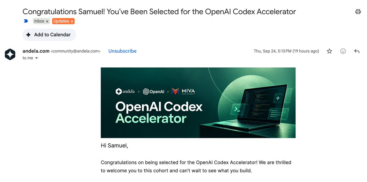 techwithsam_'s tweet photo. congratulation mail 🎊
@Andela x @OpenAI https://t.co/j89o0hpNeK