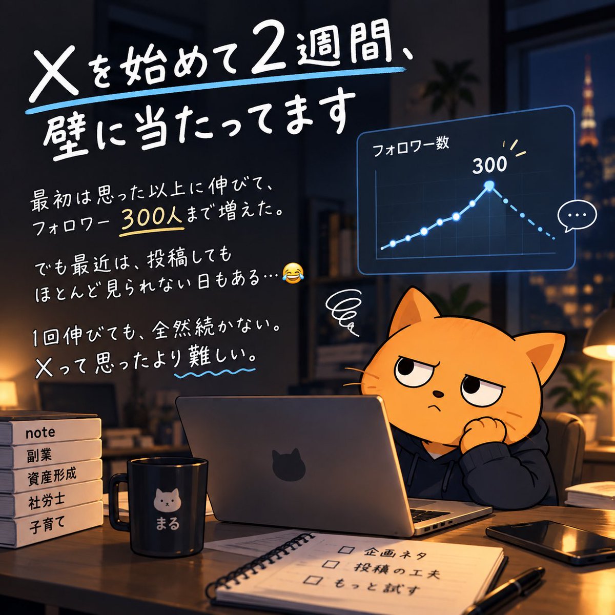 marunouchi30s's tweet photo. 【Xを始めて2週間、壁に当たってます】

最初は思った以上に伸びて、フォロワー300人まで増えた。
でも最近は、投稿してもほとんど見られない日もある😂

1回伸びても、全然続かない。
Xって思ったより難しい。 https://t.co/yAMov97Ycs