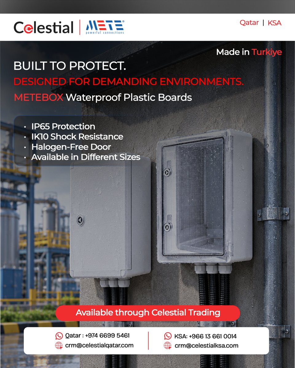 Celestial_trd's tweet photo. METEBOX Waterproof Plastic Boards offer IP65 protection, IK10 resistance and durable ABS construction, available with opaque or transparent doors in different sizes.

Available across Qatar &amp; Saudi Arabia.

#ElectricSupply #Oil #Gas #Petrochemical #Qatar #KSA https://t.co/zMZc6hvg3w