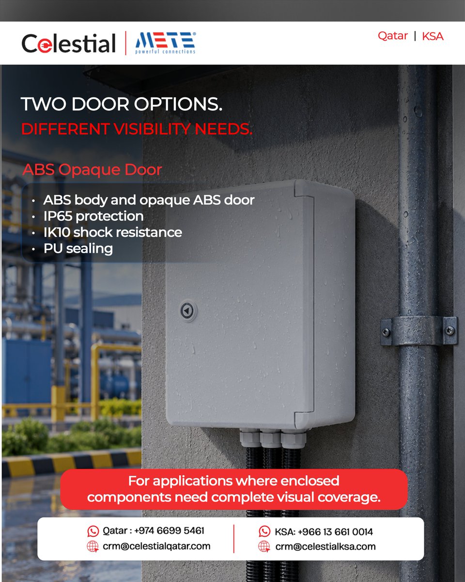 Celestial_trd's tweet photo. METEBOX Waterproof Plastic Boards offer IP65 protection, IK10 resistance and durable ABS construction, available with opaque or transparent doors in different sizes.

Available across Qatar &amp; Saudi Arabia.

#ElectricSupply #Oil #Gas #Petrochemical #Qatar #KSA https://t.co/zMZc6hvg3w