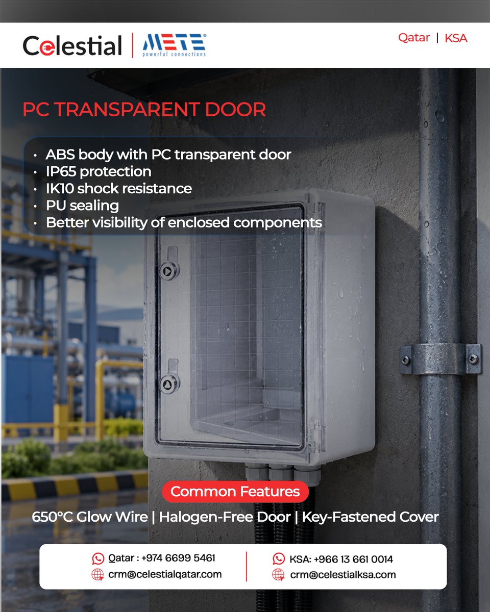 Celestial_trd's tweet photo. METEBOX Waterproof Plastic Boards offer IP65 protection, IK10 resistance and durable ABS construction, available with opaque or transparent doors in different sizes.

Available across Qatar &amp; Saudi Arabia.

#ElectricSupply #Oil #Gas #Petrochemical #Qatar #KSA https://t.co/zMZc6hvg3w