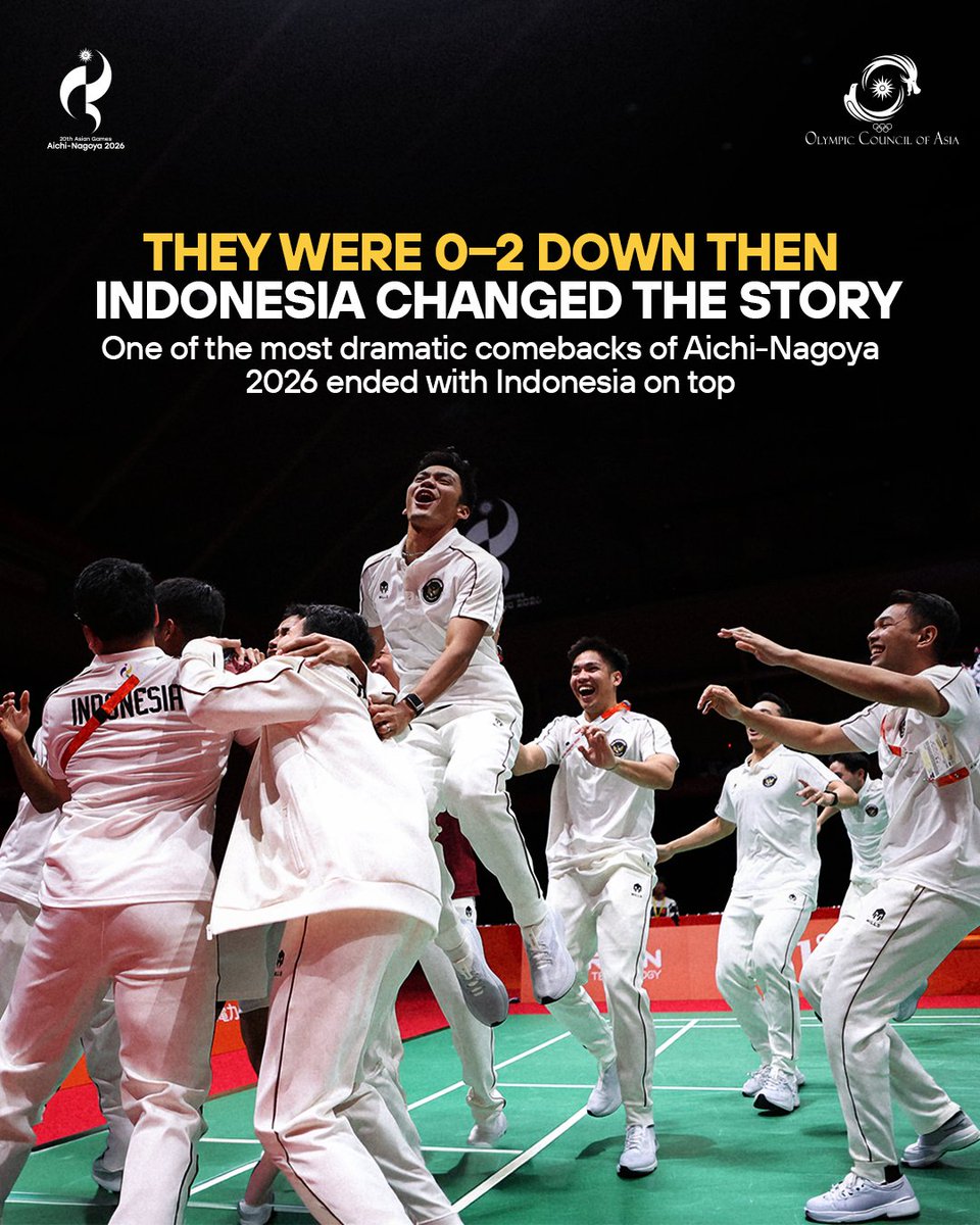 AsianGamesOCA's tweet photo. A comeback for the ages. A gold medal after a 28-year wait. 👏🏻🇮🇩

And a reminder that sometimes, the story changes when you refuse to give up.

#TeamIndonesia #Badminton #AichiNagoya2026 https://t.co/MipjGiik4C