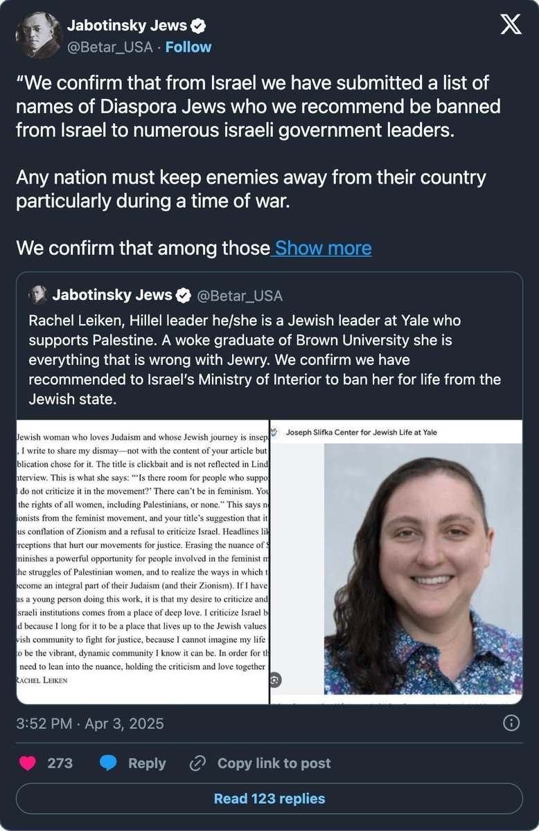 Wallface's tweet photo. This is what the forecasts are for. @Betar_USA shows up at the flagged protests, films the crowd, and sends the names to Israel's Interior Ministry:
American Jews who support Palestine get banned from Israel, and deported if they're already there. https://t.co/WDD1UrYNTg