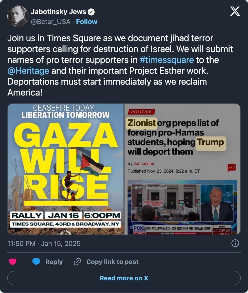 Wallface's tweet photo. This is what the forecasts are for. @Betar_USA shows up at the flagged protests, films the crowd, and sends the names to Israel's Interior Ministry:
American Jews who support Palestine get banned from Israel, and deported if they're already there. https://t.co/WDD1UrYNTg