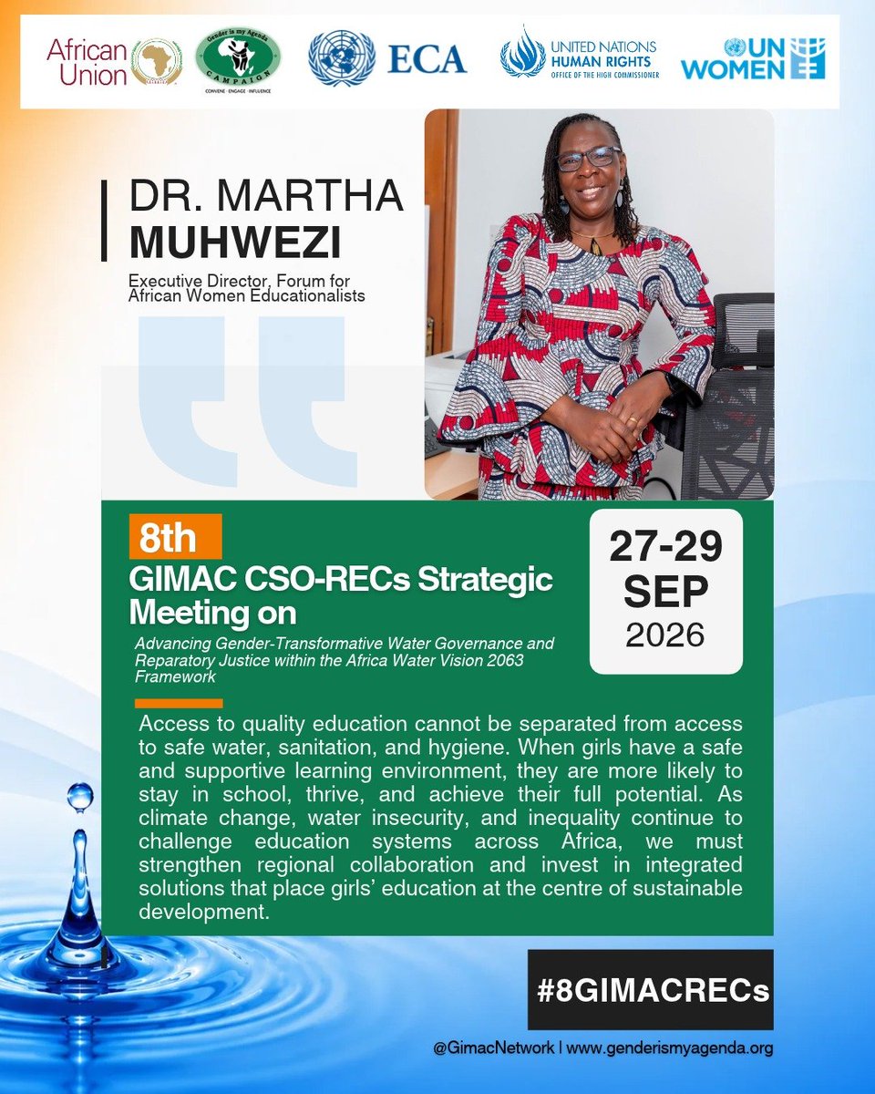 GimacNetwork's tweet photo. Water, education and opportunity are deeply connected.
Dr. Martha Muhwezi, Executive Director of the Forum for African Women Educationalists, reminds us that safe water, sanitation and hygiene are essential to creating learning environments where girls can stay in school, thrive and reach their full potential.
Young people will help set the tone at the GIMAC Youth Convergence on 26 September, ahead of the 8th GIMAC CSO–RECs Strategic Meeting, 27–29 September 2026.
Youth participation: 
Register here for the Youth Convergence⁠: https://t.co/kghd6LgYbN
#8GIMACRECs #GIMACYouth #GirlsEducation #WASH #GenderEquality #AfricaWaterVision2063