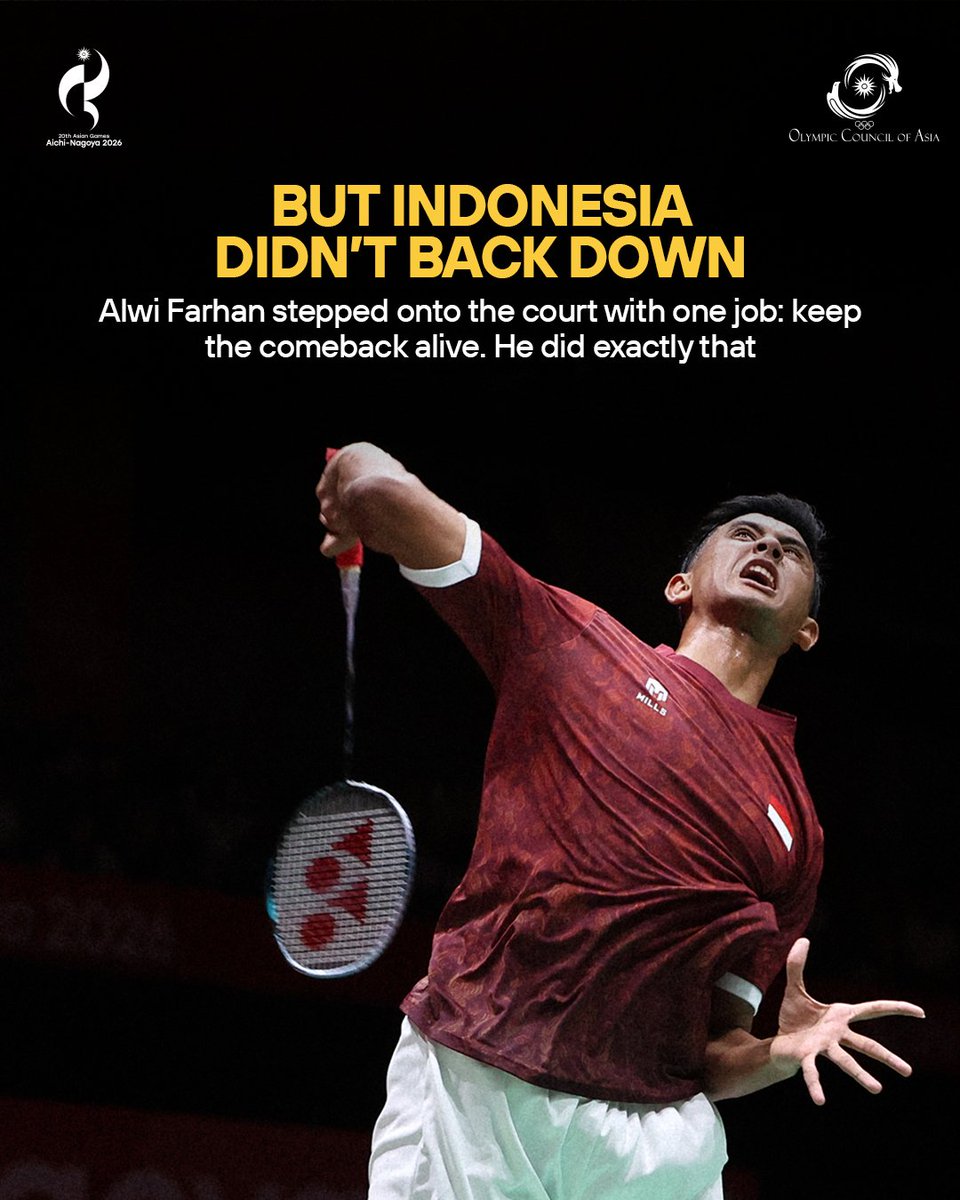 AsianGamesOCA's tweet photo. A comeback for the ages. A gold medal after a 28-year wait. 👏🏻🇮🇩

And a reminder that sometimes, the story changes when you refuse to give up.

#TeamIndonesia #Badminton #AichiNagoya2026 https://t.co/MipjGiik4C