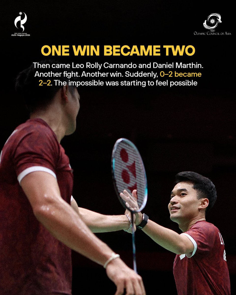 AsianGamesOCA's tweet photo. A comeback for the ages. A gold medal after a 28-year wait. 👏🏻🇮🇩

And a reminder that sometimes, the story changes when you refuse to give up.

#TeamIndonesia #Badminton #AichiNagoya2026 https://t.co/MipjGiik4C