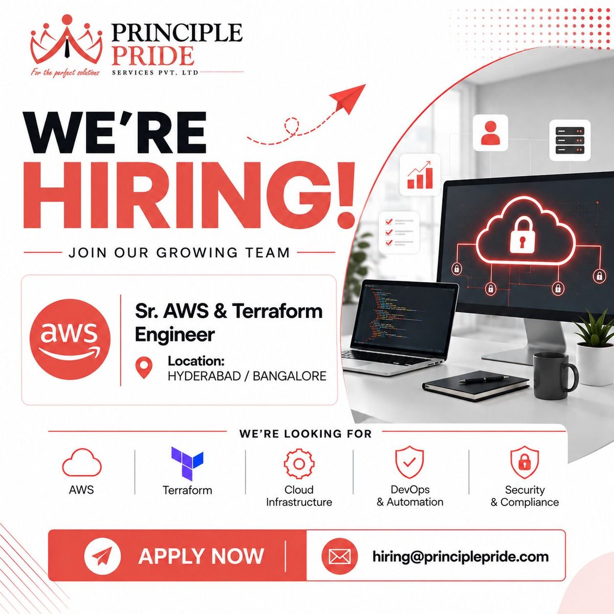 PridePrinciple's tweet photo. 🚀 We’re Hiring!

Sr. AWS &amp; Terraform Engineer

📍 Hyderabad / Bangalore

Skills: AWS • Terraform • Cloud Infrastructure • DevOps • Security

📩 Apply: hiring@principlepride.com

#Hiring #AWS #Terraform #DevOps #CloudEngineer #TechJobs #HyderabadJobs #BangaloreJobs https://t.co/FfhnxJ634r