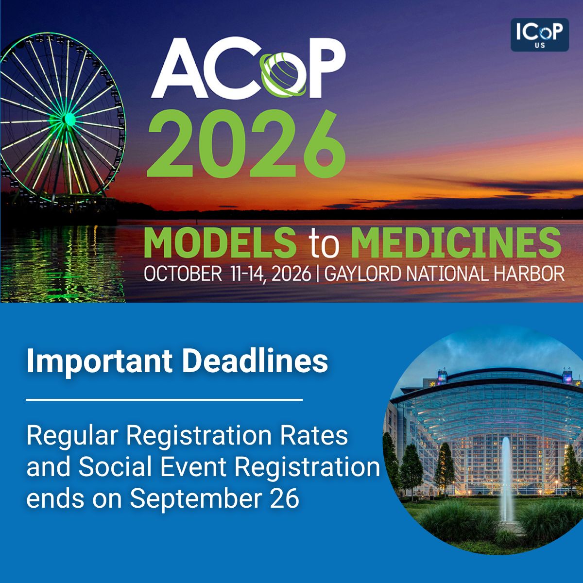 ISOP1's tweet photo. ⏰ Reminder: September 26 is the last day to:
✅ Register for #ACoP2026 at the regular rate
✅ Sign up for ACoP on the Harbor
Don't miss the science, networking, posters, exhibits, awards, and social events waiting for you in National Harbor!
🔗https://t.co/Sui1Fs28qJ
#ISoP https://t.co/O2yIbLDUlC