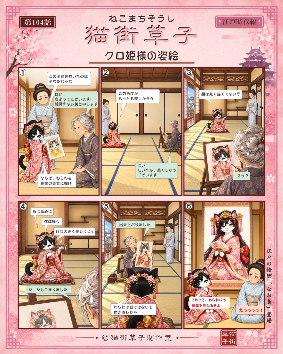 Guardian0427's tweet photo. 猫街草子　第104話

今日のお話は
「クロ姫様の姿絵」

カツオ若旦那が、実物以上にいい男になっていたのが気になって、城に絵師を呼んだクロ姫様

猫街に初登場

江戸時代の絵師「なお美」

さて、その腕前は？

#猫街草子 #クロ姫様 #ガーディアン #nyannendo #ちゃたまや #はちわれ https://t.co/JzaNaPhDNB