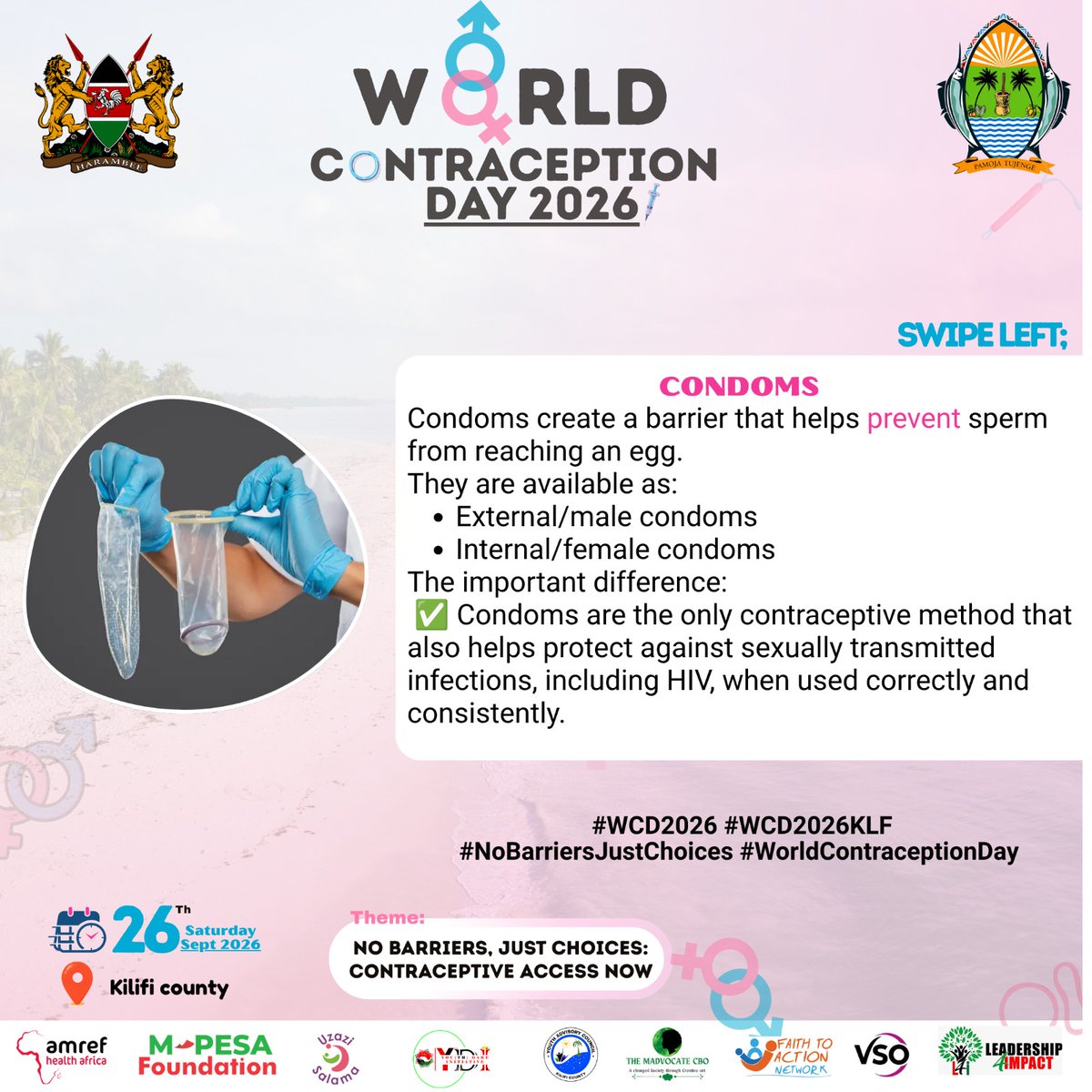 MghendiP's tweet photo. Through Dual Protection, stay in control! Condoms help prevent pregnancy and reduce the risk of STIs, including HIV. Double win.
@DOHKilifi @Amref_Kenya @MPESA_FDN @Youth_Dare @kilifi_youth @MadvocateCbo
#WCD2026 #WCD2026KLF #NoBarriersJustChoices #ContraceptiveAccessNow https://t.co/KYN1hTzJmq