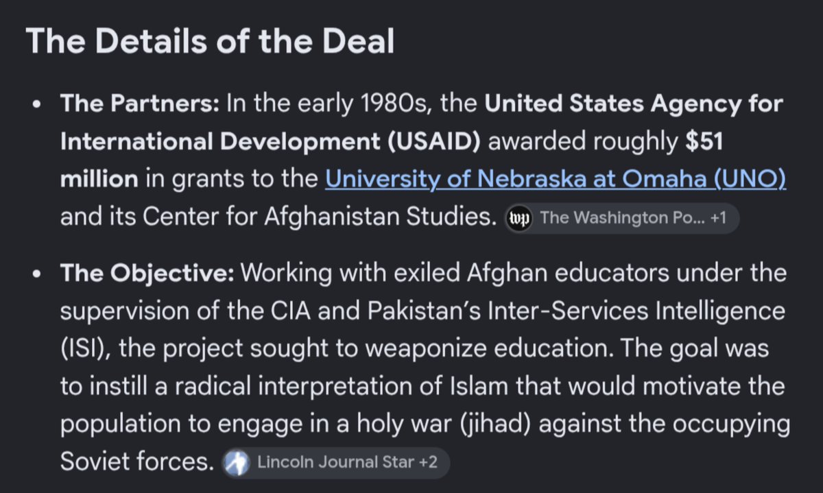 theunframing's tweet photo. @SoCalOG614 @UntitledUnity @Fx1Jonny I feel like nobody knows that USAID worked with University of Nebraska to radicalize an entire generation of Pakistanis and Afghans. 

Subsequently, Al-Qaeda was formed in 1988.

I often ponder if that's a coincidence. https://t.co/HTRMmRgR3I