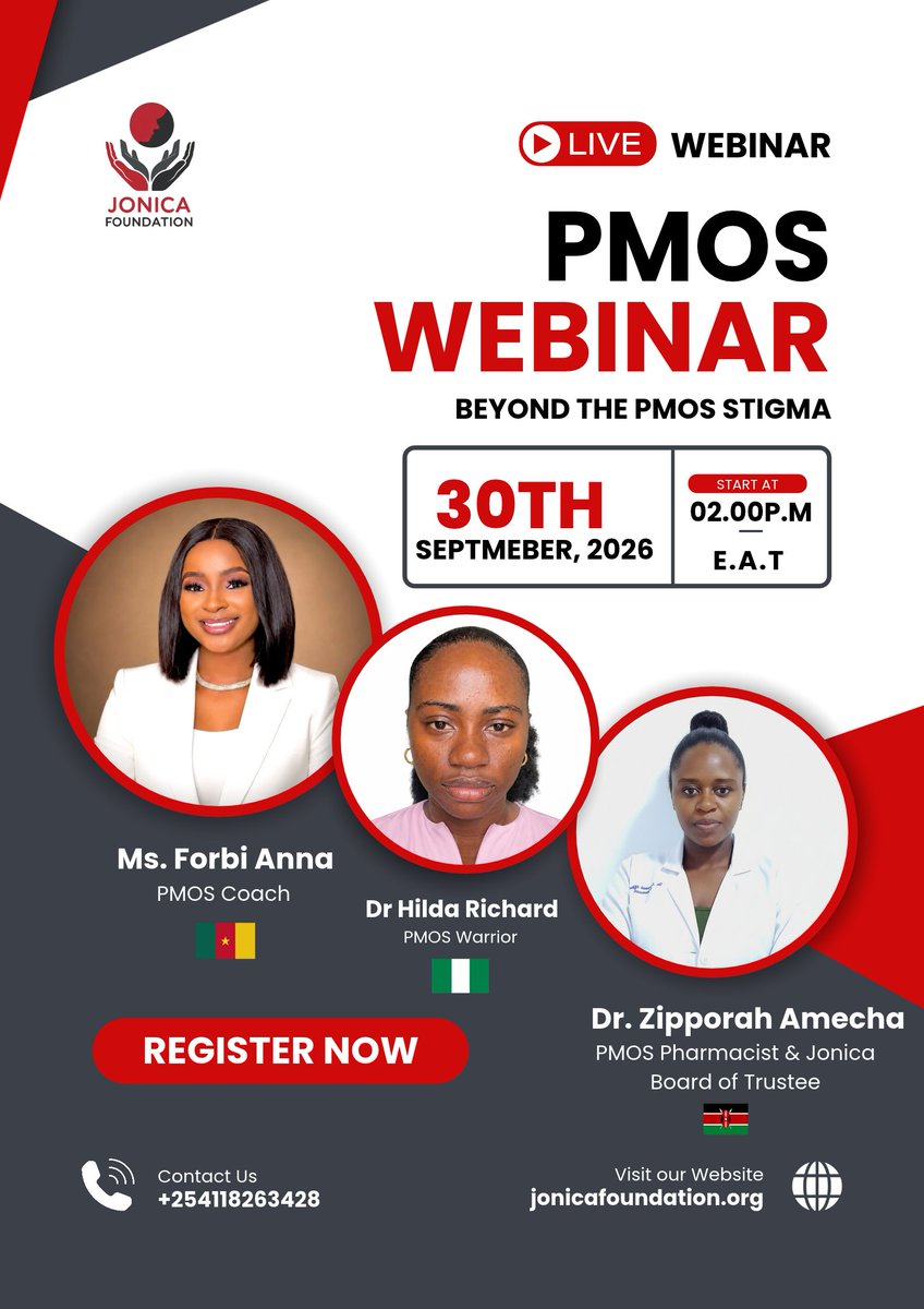 Jonica_F's tweet photo. Meet our speakers! Three voices coming together to take us Beyond the PMOS Stigma.

Forbi Anna Ungietoh — Cameroon

A nurse, public health professional, PMOS Advocate and Coach, founder of PCOS Diaries with Marquise, and author of PMOS Unfiltered. Anna helps women and their loved ones navigate PMOS without fear, shame, or misinformation.

Hilda Richard-Welle — Nigeria

A medical doctor, healthcare and SDG advocate, and founder of PMOS&Me Health Initiative. Drawing on her own experience living with PMOS, Hilda champions health literacy and creates safe spaces for women to share, find support, and build confidence.

Dr. Zipporah Amecha

A PMOS Pharmacist and member of Jonica Foundation’s Board of Trustees, bringing her pharmaceutical expertise to our conversation on women’s hormonal health.

Join us as we close our PMOS awareness campaign with professional insights, lived experiences, and honest conversations. ❤️

🗓️ 30 September 2026

⏰ 2:00 p.m. EAT

🔗 Register now to secure your place: https://t.co/NCPWHMSC7U

Bring your questions and invite a friend, partner, or family member. Let’s break the silence together!

#BeyondThePMOSStigma #PMOSAwareness #WomensHealth #JonicaFoundation