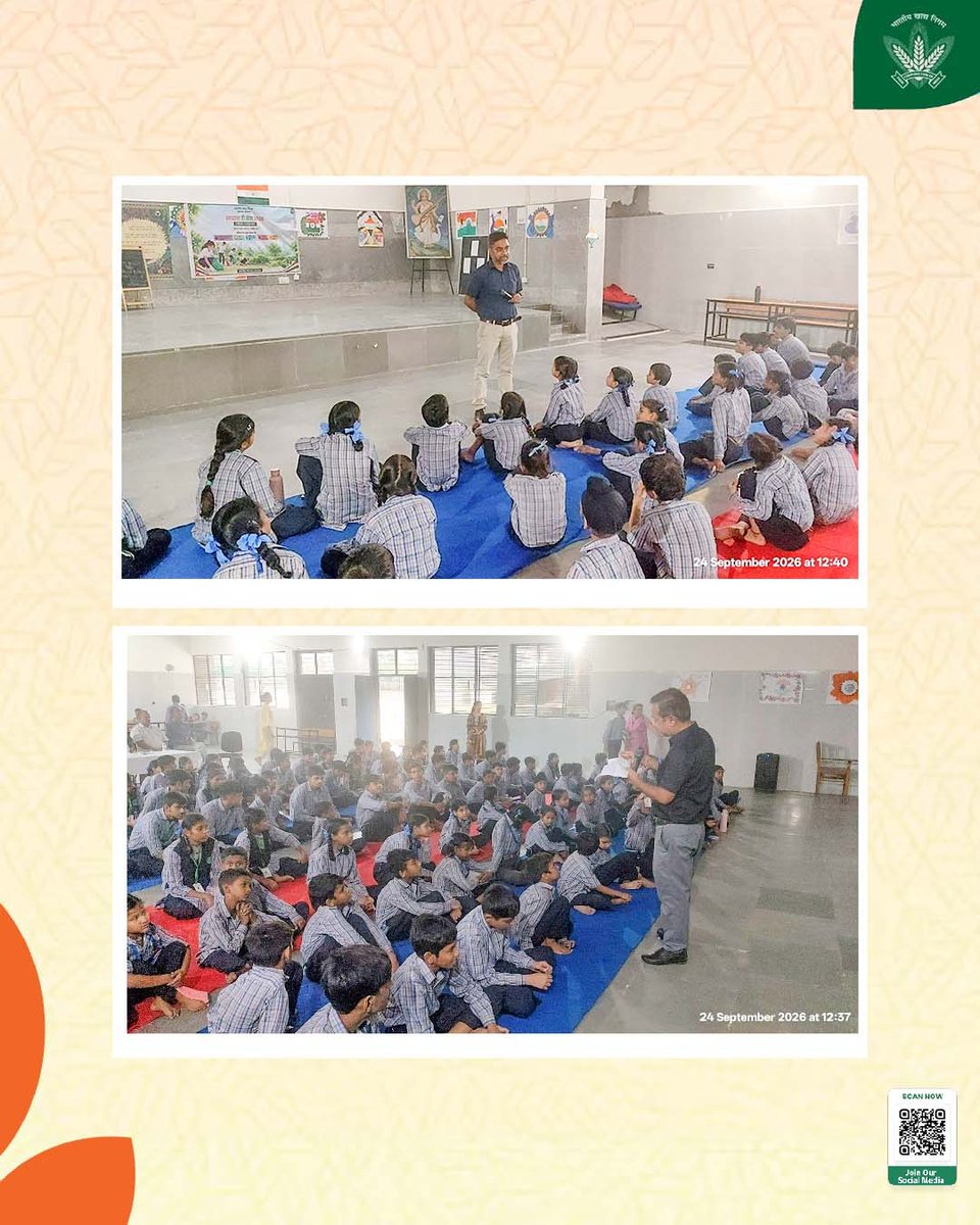 FCI_India's tweet photo. *स्वच्छता का संदेश, जागरूकता के साथ! 🧹🌱*

24 सितंबर 2026 को भारतीय खाद्य निगम (FCI) के कर्मचारियों द्वारा विभिन्न स्थानों पर “स्वच्छता ज्ञान यात्रा” के अंतर्गत सरकारी विद्यालयों एवं आंगनवाड़ी केंद्रों में स्वच्छता जागरूकता कार्यक्रम आयोजित किए गए।
इसी क्रम में अटल आदर्श विद्यालय, हनुमान मंदिर लेन, कनॉट प्लेस, नई दिल्ली में श्री संतक सराफ, DGM, FCI मुख्यालय, नई दिल्ली के नेतृत्व में स्वच्छता जागरूकता कार्यक्रम आयोजित किया गया।
इस पहल के माध्यम से बच्चों को स्वच्छता, स्वच्छ आदतों और स्वच्छ वातावरण के महत्व के प्रति जागरूक किया गया। कार्यक्रम का उद्देश्य बच्चों में स्वच्छता के प्रति जिम्मेदारी की भावना विकसित करना तथा उनके माध्यम से स्वच्छता का संदेश परिवार और समाज तक पहुँचाना रहा।
स्वच्छता को आदत बनाएँ, स्वच्छ भारत के निर्माण में योगदान दें। 🇮🇳

@mygovindia @fooddeptgoi @PIB_India @JoshiPralhad @Nimu_Bambhaniya @blvermaup 
#FCI #SwachhataGyanYatra #SwachhataHiSeva #SwachhBharat #Swachhata2026