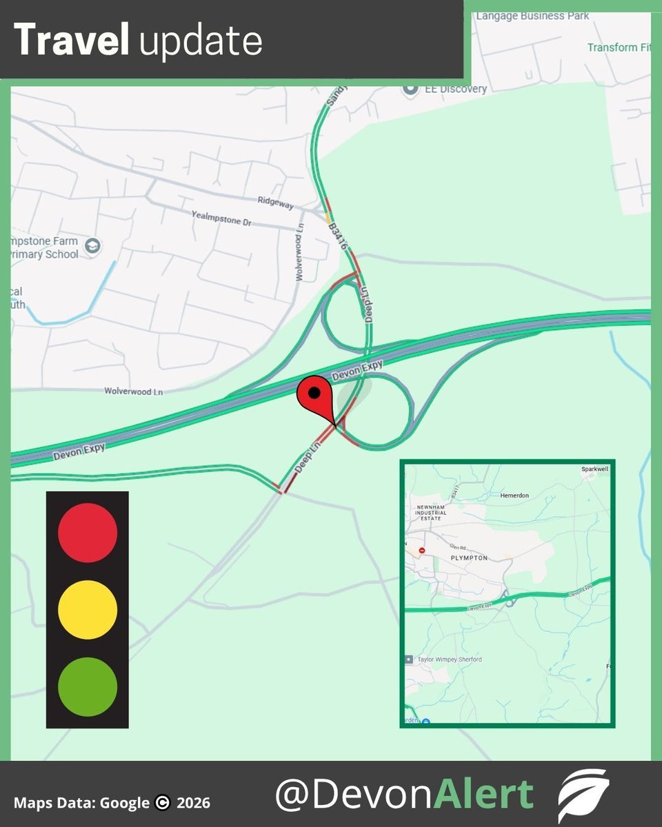 DevonAlert's tweet photo. #Devon 13:15 25/09/26 Deep Lane, Plympton - The traffic lights here are reported as all out. Engineers are en route. Please approach with caution. JC @BBCDevon @StagecoachSW https://t.co/sMf7x4KFbP