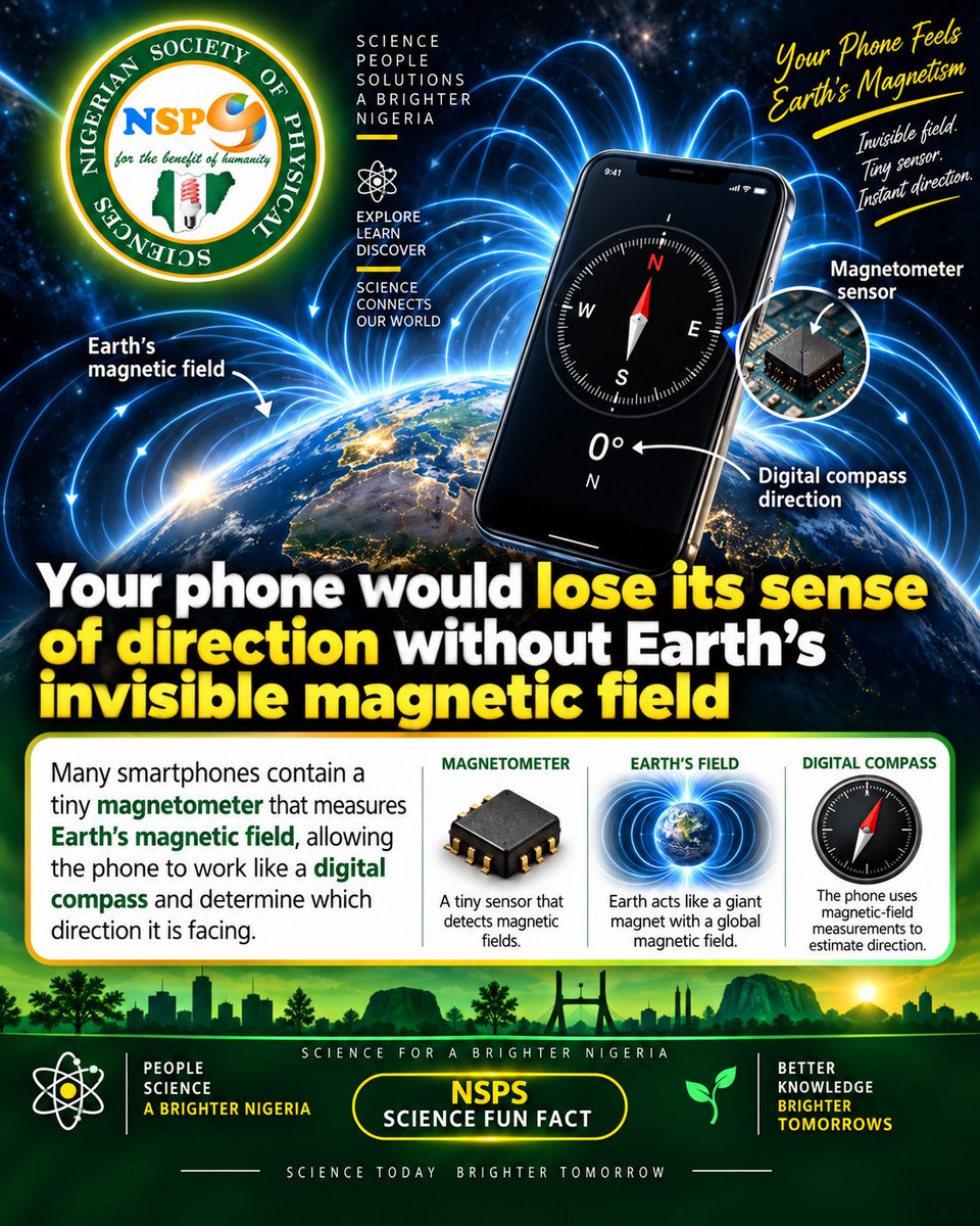 NSPSciences's tweet photo. 📱🧭 𝐘𝐨𝐮𝐫 𝐩𝐡𝐨𝐧𝐞 𝐜𝐚𝐧 𝐬𝐞𝐧𝐬𝐞 𝐄𝐚𝐫𝐭𝐡’𝐬 𝐦𝐚𝐠𝐧𝐞𝐭𝐢𝐜 𝐟𝐢𝐞𝐥𝐝!

Many smartphones contain a tiny sensor called a 𝐦𝐚𝐠𝐧𝐞𝐭𝐨𝐦𝐞𝐭𝐞𝐫, which detects Earth’s magnetic field and helps the phone determine direction like a digital compass.

So when your phone points north, it is quietly using an invisible force that surrounds the entire planet. 🌍✨

#NSPS #ScienceFunFact #Physics #EarthScience #Technology