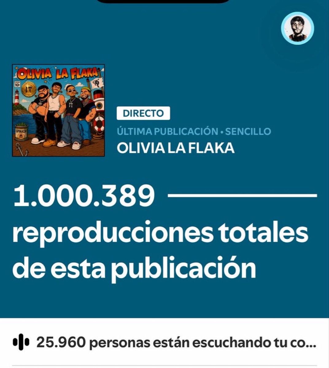 Regional_DT's tweet photo. En 12 horas  de lanzamiento, “OLIVIA LA FLAKA” ha superado el MILLÓN de streams en Spotify. 🦍🔥 https://t.co/NSO9xw1czp