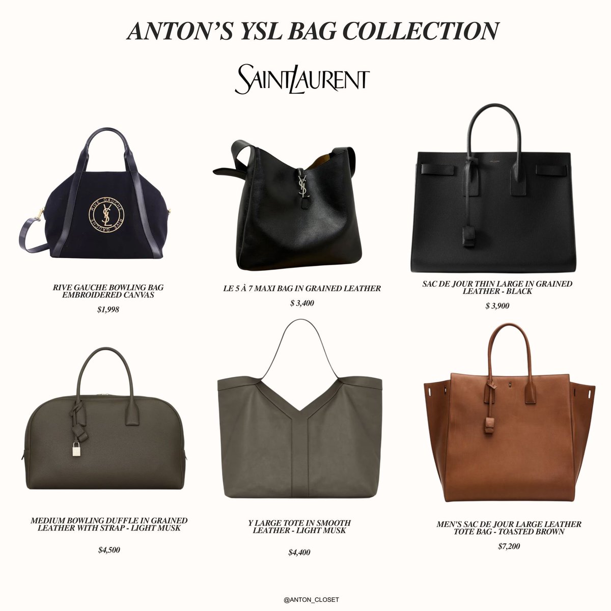 ANTON_CLOSET's tweet photo. 𝘼𝙉𝙏𝙊𝙉’𝙎 𝙔𝙎𝙇 𝘽𝘼𝙂 𝘾𝙊𝙇𝙇𝙀𝘾𝙏𝙄𝙊𝙉 👜 

Take a look at Anton’s Saint Laurent bag collection modern, luxurious pieces that add a touch of charm to every look. Let’s see which bags he has chosen. ✨

#ANTONxSaintLaurent
#ANTON_CLOSET https://t.co/Qnz96NRSri