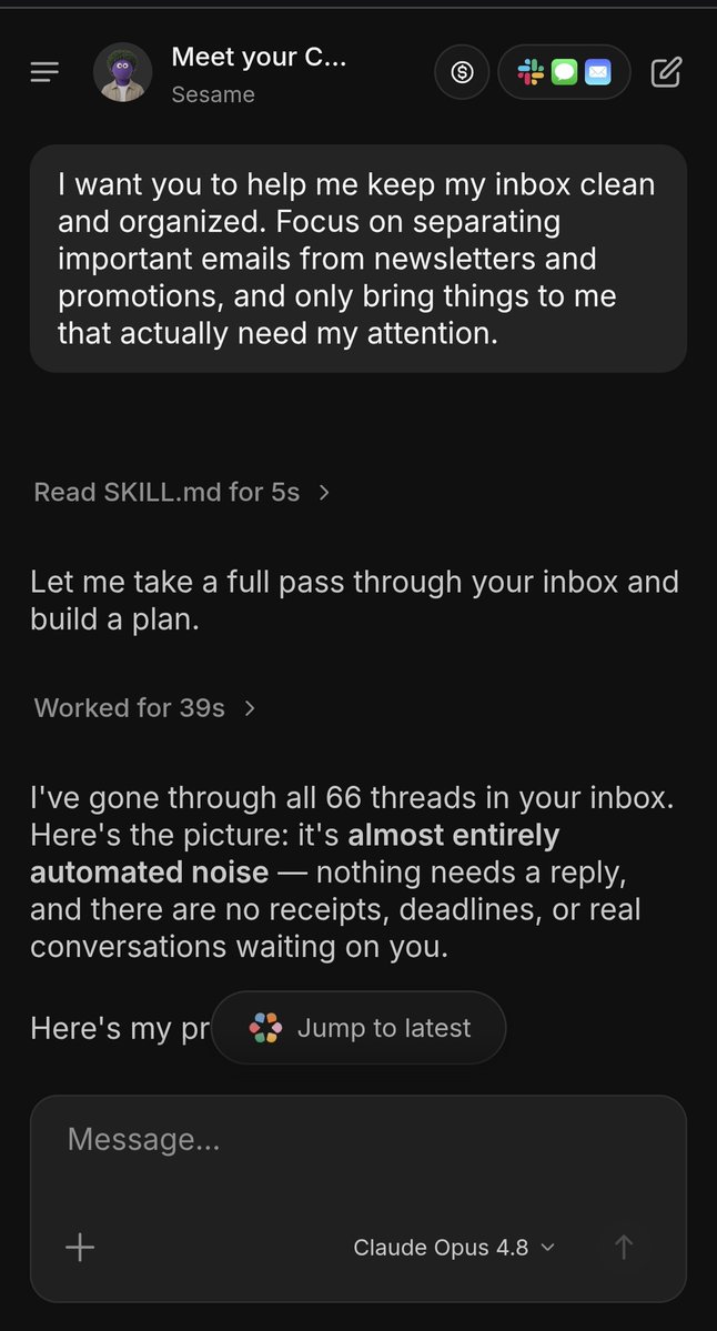 nahidulislam404's tweet photo. My inbox had 66 threads sitting in it, so I gave the cleanup job to Skydive.

It went through everything, separated the noise from the important stuff, archived 61 emails, labeled them, and left the 5 security-related emails untouched.

Nothing deleted. Just a much cleaner inbox.

Skydive is pretty useful when you can build an agent around a job you actually don't want to do yourself.