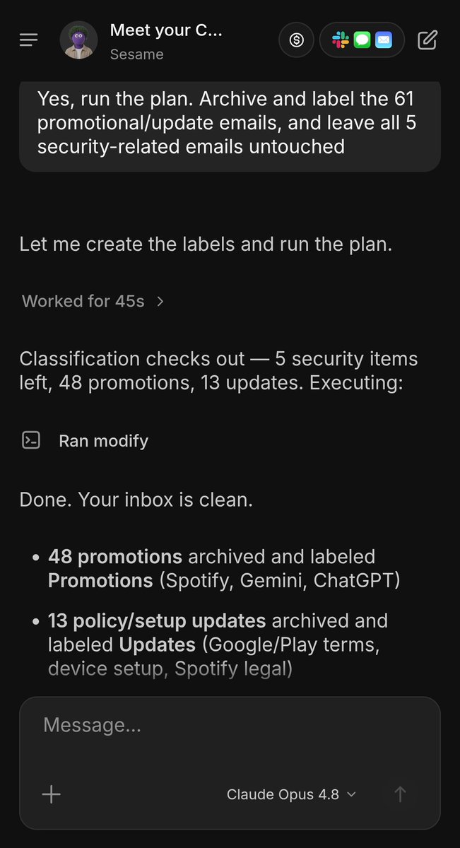 nahidulislam404's tweet photo. My inbox had 66 threads sitting in it, so I gave the cleanup job to Skydive.

It went through everything, separated the noise from the important stuff, archived 61 emails, labeled them, and left the 5 security-related emails untouched.

Nothing deleted. Just a much cleaner inbox.

Skydive is pretty useful when you can build an agent around a job you actually don't want to do yourself.