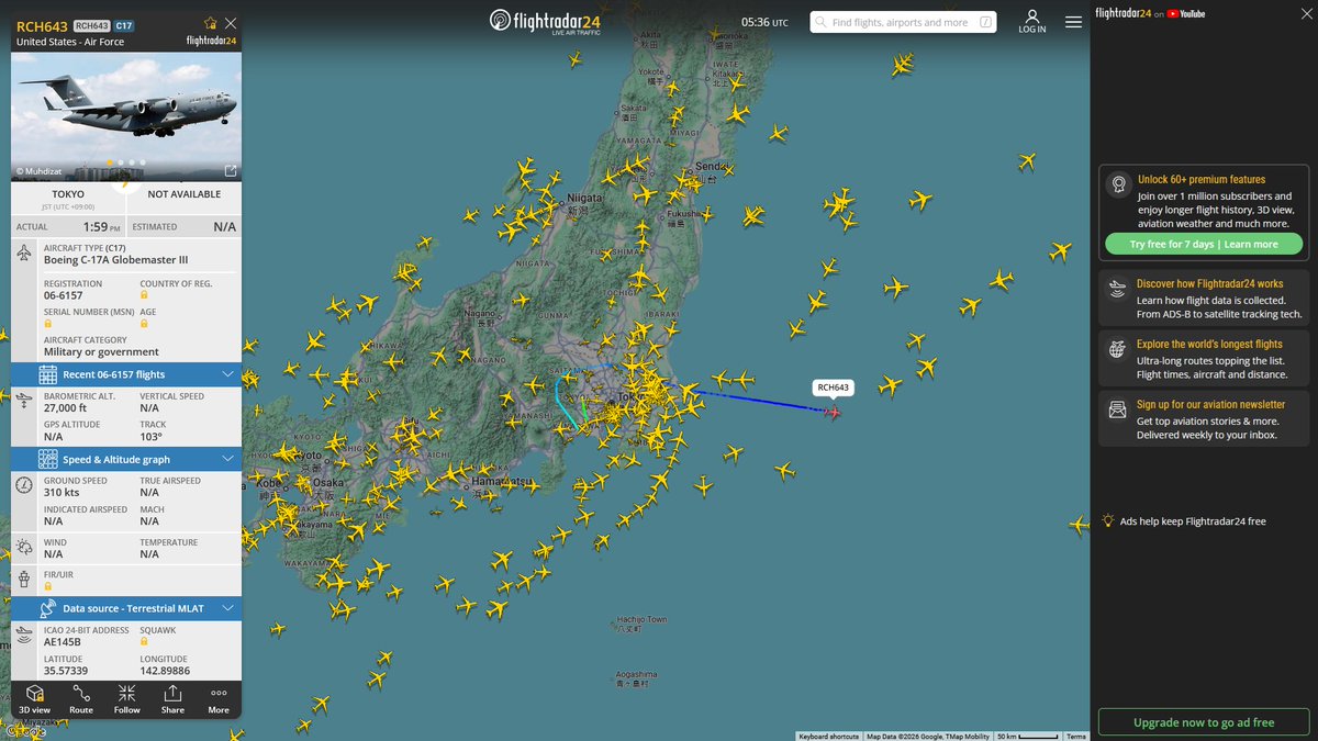 AIYeyENGDdJkjTr's tweet photo. Sept. 25, 2026
#Fairfield Travis Air Force Base #Joint Base Pearl Harbor-Hickam, Honolulu #Guam Andersen Air Force #Joint Base Pearl Harbor-Hickam, Honolulu #Osan Air Base, South Korea #Tokyo Yokota Air Base ==> #Joint Base Pearl Harbor-Hickam, Honolulu
#RCH643 #AE145B USAF C-17A Globemaster III