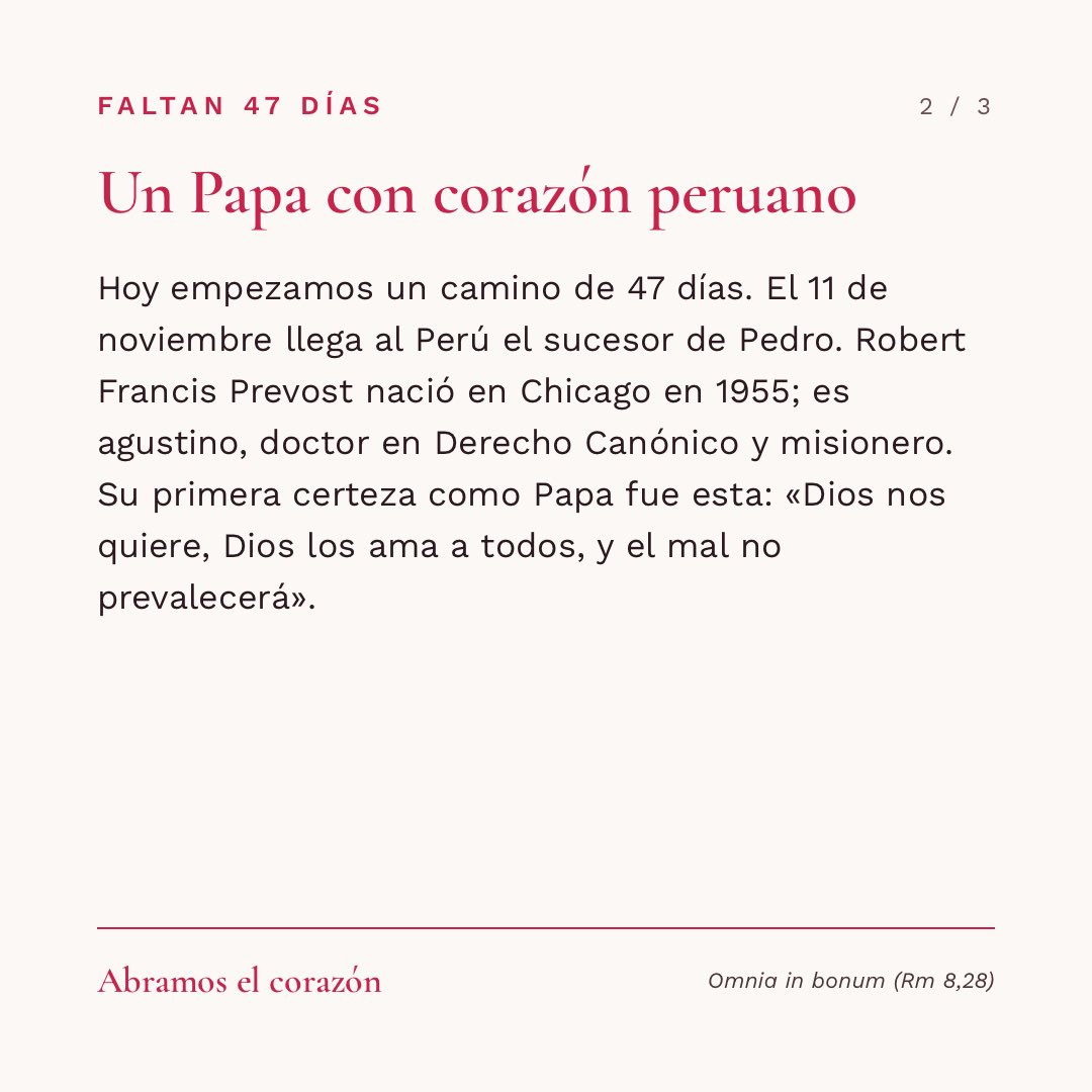 PadreLGaspar's tweet photo. Faltan 47 días.

«La paz esté con todos ustedes», dijo el Papa León XIV al ser elegido. Desde hoy, cada mañana, una palabra suya para preparar el corazón. #AbramosElCorazón #LeonXIVvuelveACasa https://t.co/FwMUV78OZk