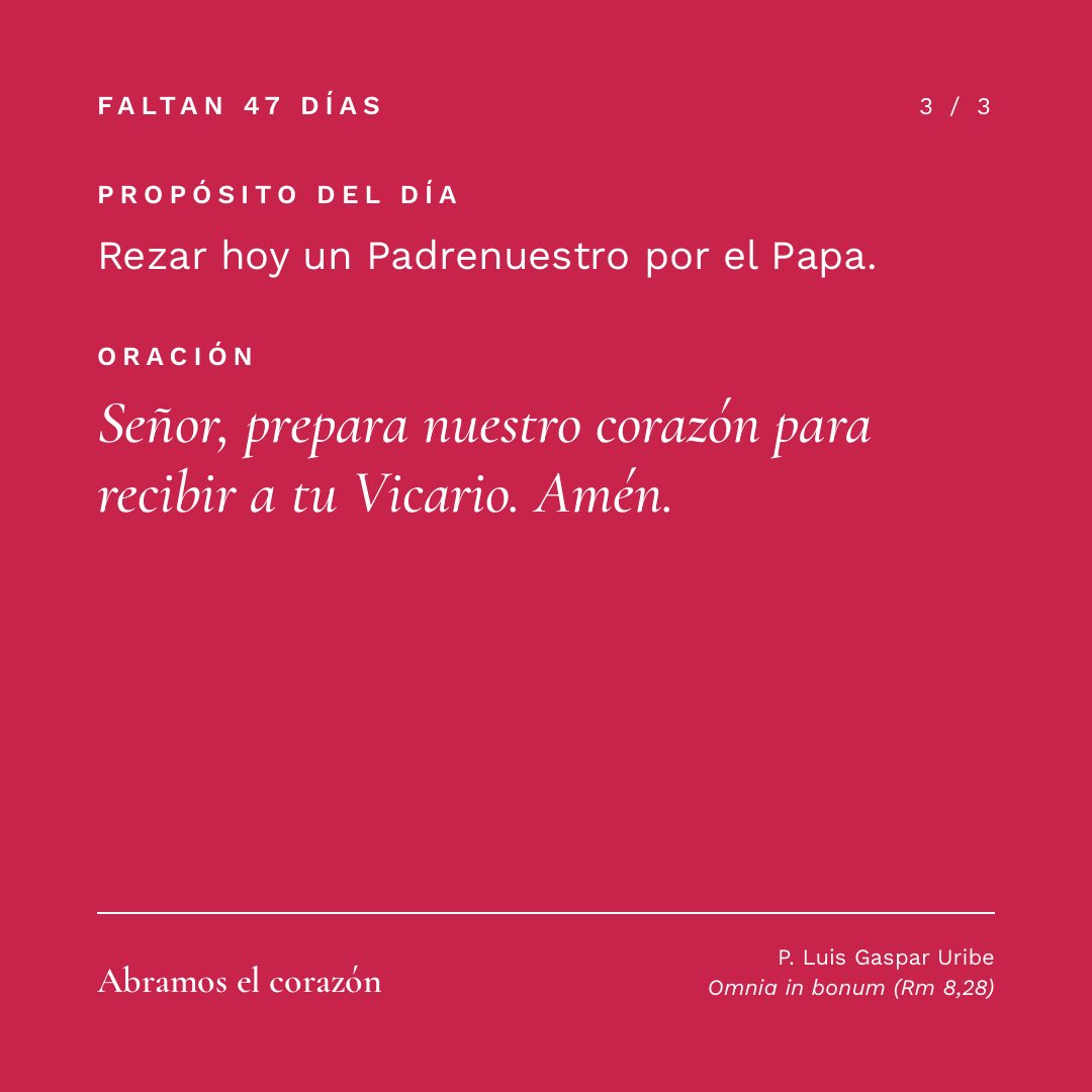 PadreLGaspar's tweet photo. Faltan 47 días.

«La paz esté con todos ustedes», dijo el Papa León XIV al ser elegido. Desde hoy, cada mañana, una palabra suya para preparar el corazón. #AbramosElCorazón #LeonXIVvuelveACasa https://t.co/FwMUV78OZk