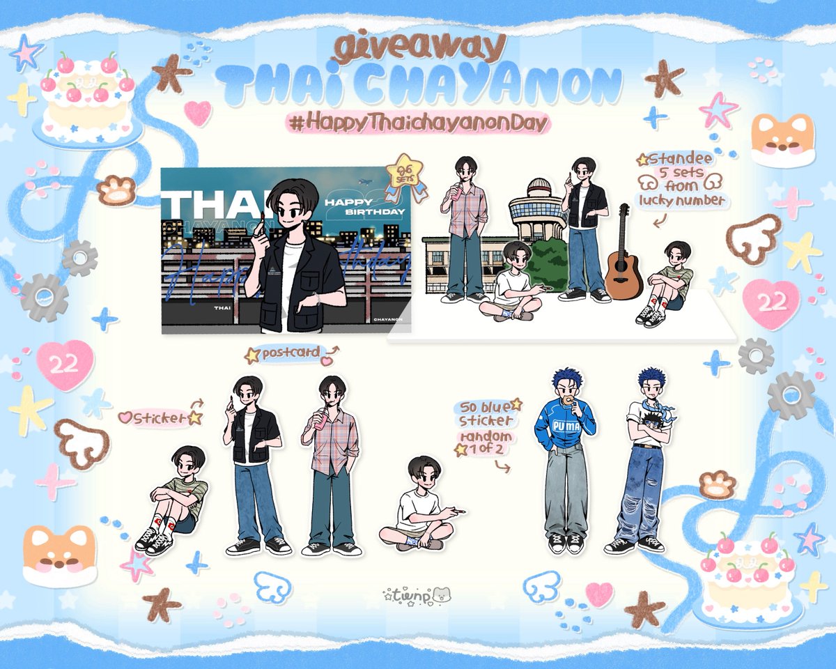 twnp____'s tweet photo. ( ⋆.𐙚 ᴘʟs ᴋɪɴᴅʟʏ ʀᴛ )

giveaway ( #TheaterOfTHAITake22 )
#THAIchayanon ‘s 22nd birthday 🧁⋆˙⟡

𝐨𝐧𝐥𝐲 𝟐𝟔 𝐬𝐞𝐭𝐬

✦︎ 𝐬𝐭𝐚𝐧𝐝𝐞𝐞 ( 𝗈𝗇𝗅𝗒 𝟧 𝗌𝖾𝗍𝗌 𝗐/ 𝗅𝗎𝖼𝗄𝗒 𝗇𝗎𝗆𝖻𝖾𝗋 )
✦︎ 𝐩𝐨𝐬𝐭𝐜𝐚𝐫𝐝 + 𝐬𝐭𝐢𝐜𝐤𝐞𝐫 𝐬𝐞𝐭𝐬
✦︎ 𝐒𝐨 𝐁𝐥𝐮𝐞 𝐬𝐭𝐢𝐜𝐤𝐞𝐫 ( 𝗋𝖺𝗇𝖽𝗈𝗆 𝟣 𝗈𝗎𝗍 𝗈𝖿 𝟤 )

🗓️ : 𝟤𝟩 𝗌𝖾𝗉 𝟤𝟢𝟤𝟨, ⏰ 𝗍𝗂𝗆𝖾 : 𝗍𝖻𝖺
📍 : 𝖴𝗇𝗂𝗈𝗇 𝖬𝖺𝗅𝗅